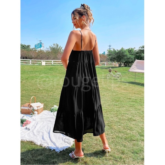 Plunging V Neck Black Maxi Dress Loose Fitting Flared Cami Straps - Picture 11 of 16